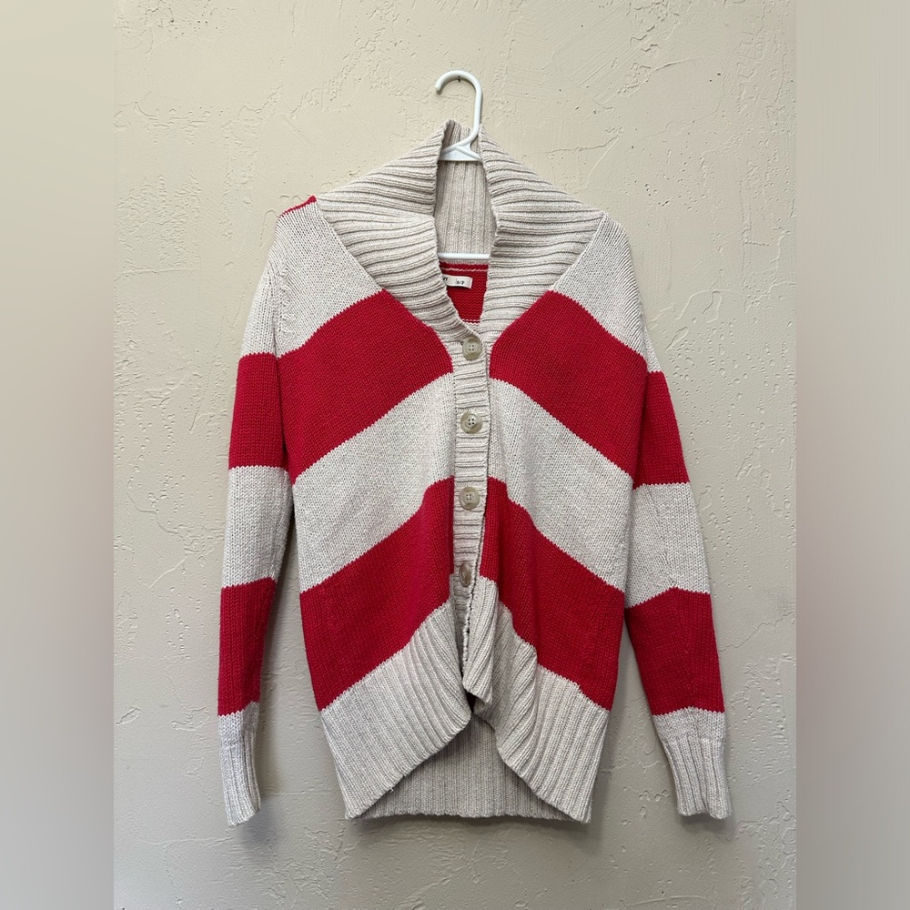 🎈2/$15🎈Pink and Off White Block Striped Button Cardigan-Size Small-Thick Knit
